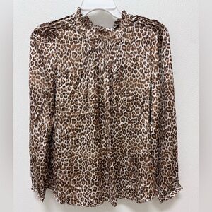 J. Crew Leopard Print Blouse Long Sleeve Ruffle Neck NEW Size XS Button Back